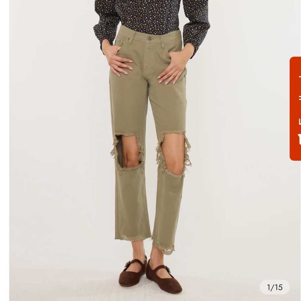 KanCan Distressed High Rise Straight Leg Olive Green Jeans
